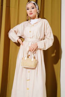 Oval Düğmeli Elbise Bej - Tesettür Elbise