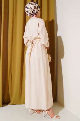 Oval Düğmeli Elbise Bej - Tesettür Elbise