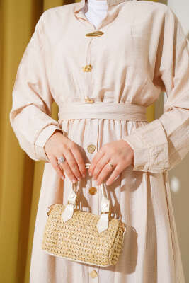 Oval Düğmeli Elbise Bej - Tesettür Elbise