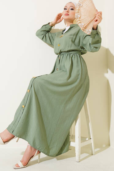Oval Düğmeli Elbise Çağla Yeşili - Elbise