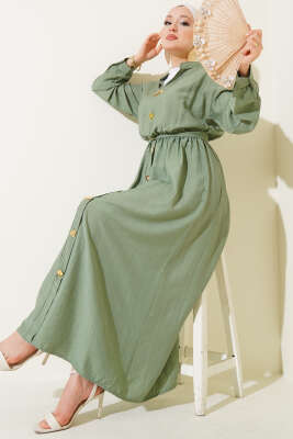 Oval Düğmeli Elbise Çağla Yeşili