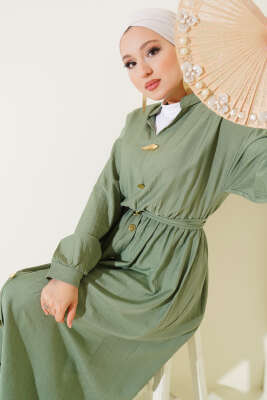 Oval Düğmeli Elbise Çağla Yeşili - Tesettür Elbise