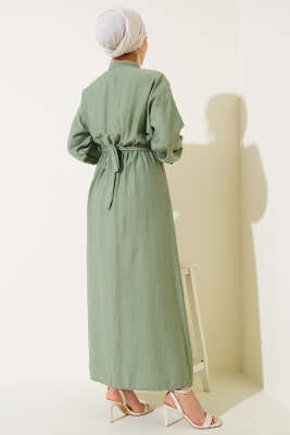 Oval Düğmeli Elbise Çağla Yeşili - Tesettür Elbise