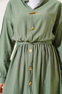 Oval Düğmeli Elbise Çağla Yeşili - Tesettür Elbise