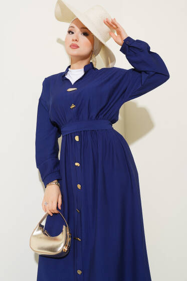 Oval Düğmeli Elbise Lacivert - Elbise