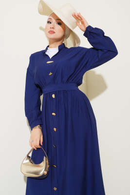 Oval Düğmeli Elbise Lacivert 