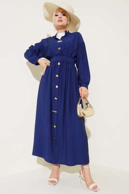 Oval Düğmeli Elbise Lacivert - Tesettür Elbise