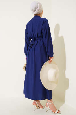 Oval Düğmeli Elbise Lacivert - Tesettür Elbise