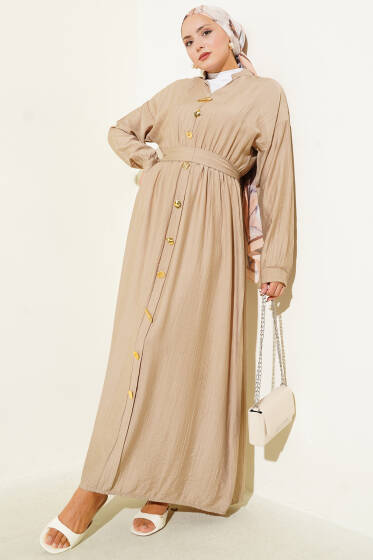 Oval Düğmeli Elbise Latte - Elbise
