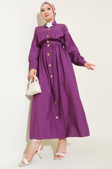 Oval Düğmeli Elbise Mor - Elbise