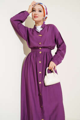 Oval Düğmeli Elbise Mor - Tesettür Elbise