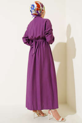 Oval Düğmeli Elbise Mor - Tesettür Elbise