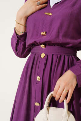 Oval Düğmeli Elbise Mor - Tesettür Elbise