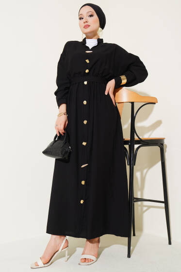 Oval Düğmeli Elbise Siyah - Elbise