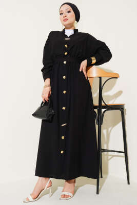 Oval Düğmeli Elbise Siyah