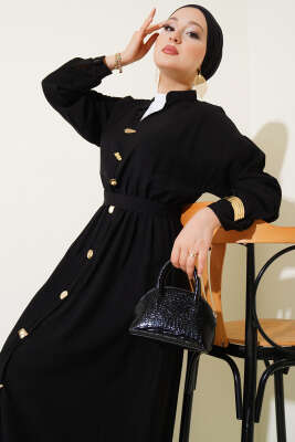 Oval Düğmeli Elbise Siyah - Tesettür Elbise