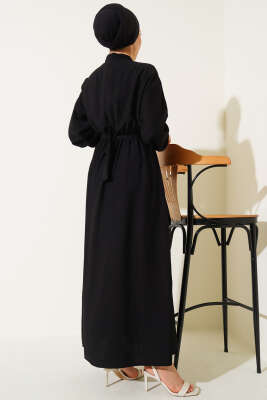 Oval Düğmeli Elbise Siyah - Tesettür Elbise