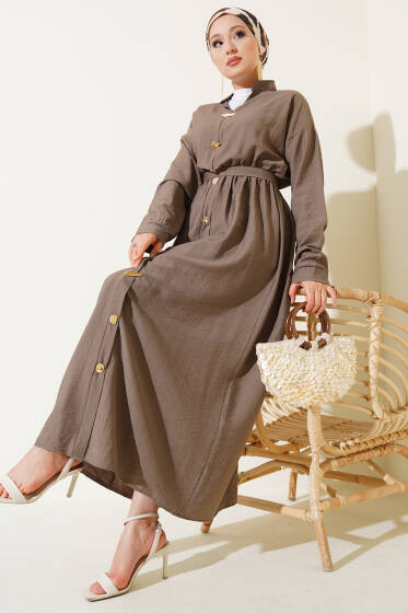 Oval Düğmeli Elbise Vizon - Elbise