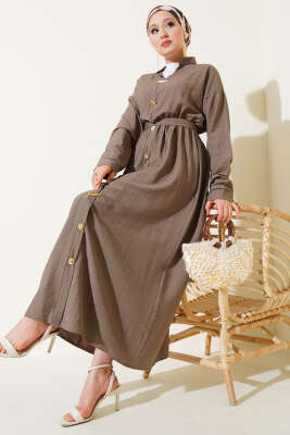 Oval Düğmeli Elbise Vizon 