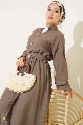 Oval Düğmeli Elbise Vizon - Tesettür Elbise