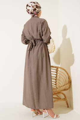 Oval Düğmeli Elbise Vizon - Tesettür Elbise