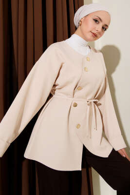 Oval Gold Düğmeli İp Kuşaklı Ceket Bej - TABLO FASHİON