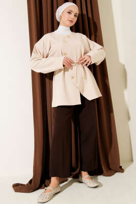 Oval Gold Düğmeli İp Kuşaklı Ceket Bej - Ceket