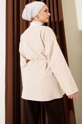 Oval Gold Düğmeli İp Kuşaklı Ceket Bej - Ceket