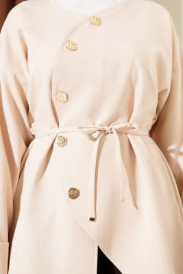 Oval Gold Düğmeli İp Kuşaklı Ceket Bej - Ceket