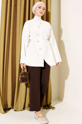 Oval Gold Düğmeli İp Kuşaklı Ceket Ekru - Ceket