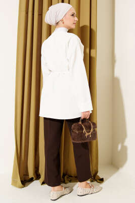 Oval Gold Düğmeli İp Kuşaklı Ceket Ekru - Ceket