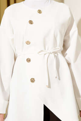 Oval Gold Düğmeli İp Kuşaklı Ceket Ekru - Ceket