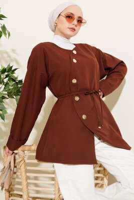 Oval Gold Düğmeli İp Kuşaklı Ceket Kahve - TABLO FASHİON