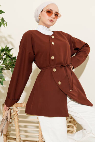 Oval Gold Düğmeli İp Kuşaklı Ceket Kahve - Ceket