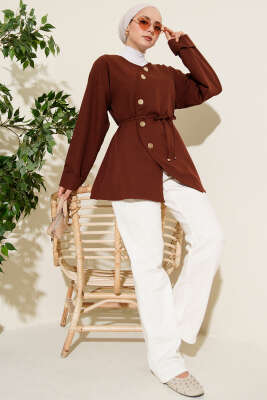 Oval Gold Düğmeli İp Kuşaklı Ceket Kahve - Ceket