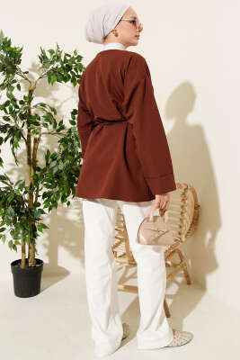 Oval Gold Düğmeli İp Kuşaklı Ceket Kahve - Ceket