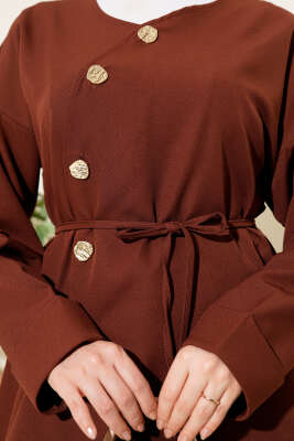 Oval Gold Düğmeli İp Kuşaklı Ceket Kahve - Ceket