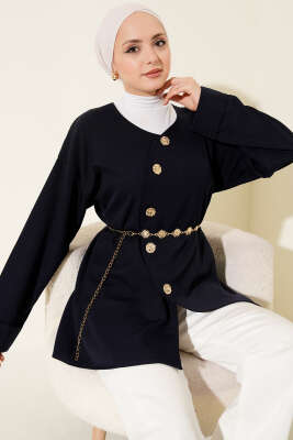 Oval Gold Düğmeli İp Kuşaklı Ceket Lacivert - TABLO FASHİON