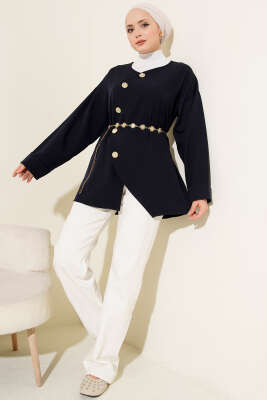 Oval Gold Düğmeli İp Kuşaklı Ceket Lacivert - Ceket