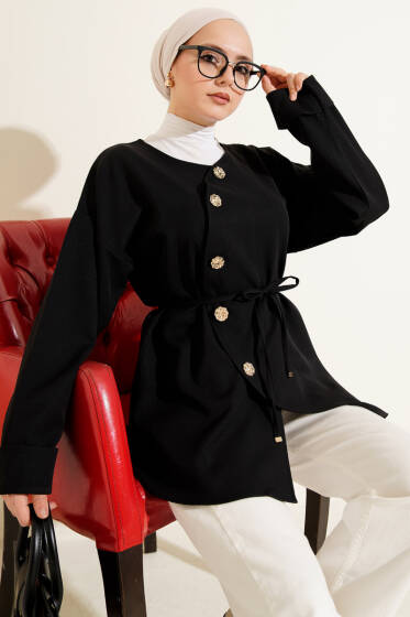 Oval Gold Düğmeli İp Kuşaklı Ceket Siyah - Ceket