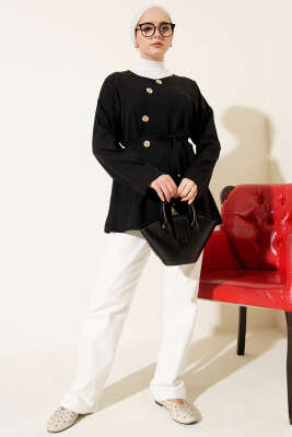 Oval Gold Düğmeli İp Kuşaklı Ceket Siyah - Ceket