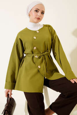Oval Gold Düğmeli İp Kuşaklı Ceket Yağ Yeşili - TABLO FASHİON