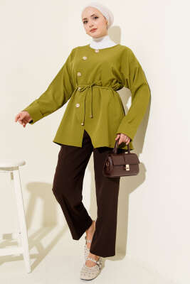 Oval Gold Düğmeli İp Kuşaklı Ceket Yağ Yeşili - Ceket
