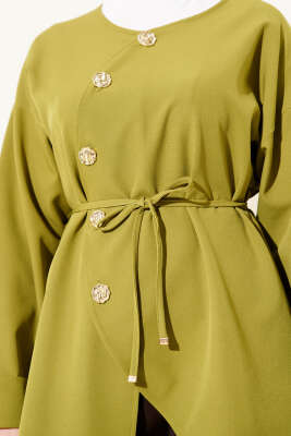 Oval Gold Düğmeli İp Kuşaklı Ceket Yağ Yeşili - Ceket