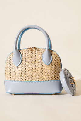 Oval Hasır Detaylı Çanta Bebe Mavi - Kol Çantası