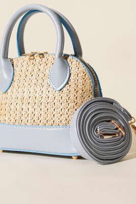 Oval Hasır Detaylı Çanta Bebe Mavi - Kol Çantası