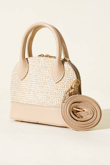 Oval Hasır Detaylı Çanta Bej - Kol Çantası
