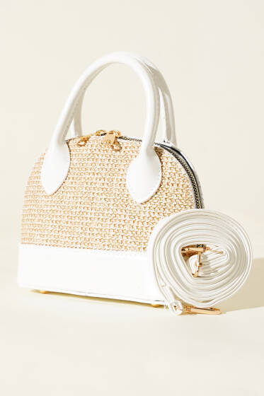 Oval Hasır Detaylı Çanta Beyaz - Kol Çantası