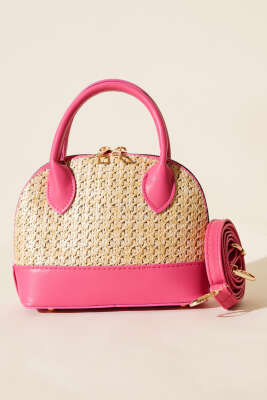 Oval Hasır Detaylı Çanta Fusya - Kol Çantası