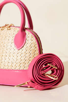 Oval Hasır Detaylı Çanta Fusya - Kol Çantası